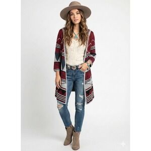 Diva D Cardigan Womens L Gray Red‎ Aztec Geometric Western Hooded Duster Sweater